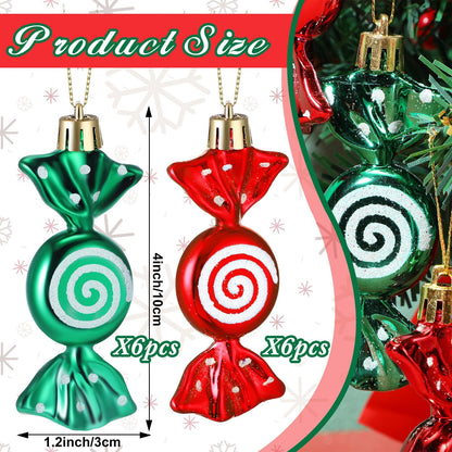 Threan 12 Pcs Christmas Candy Ornaments for Tree Decoration Hanging Glitter Candy Cane Christmas Peppermint Ornament with Golden Rope for Xmas Holiday Decoration(Red, Green,Plastic)