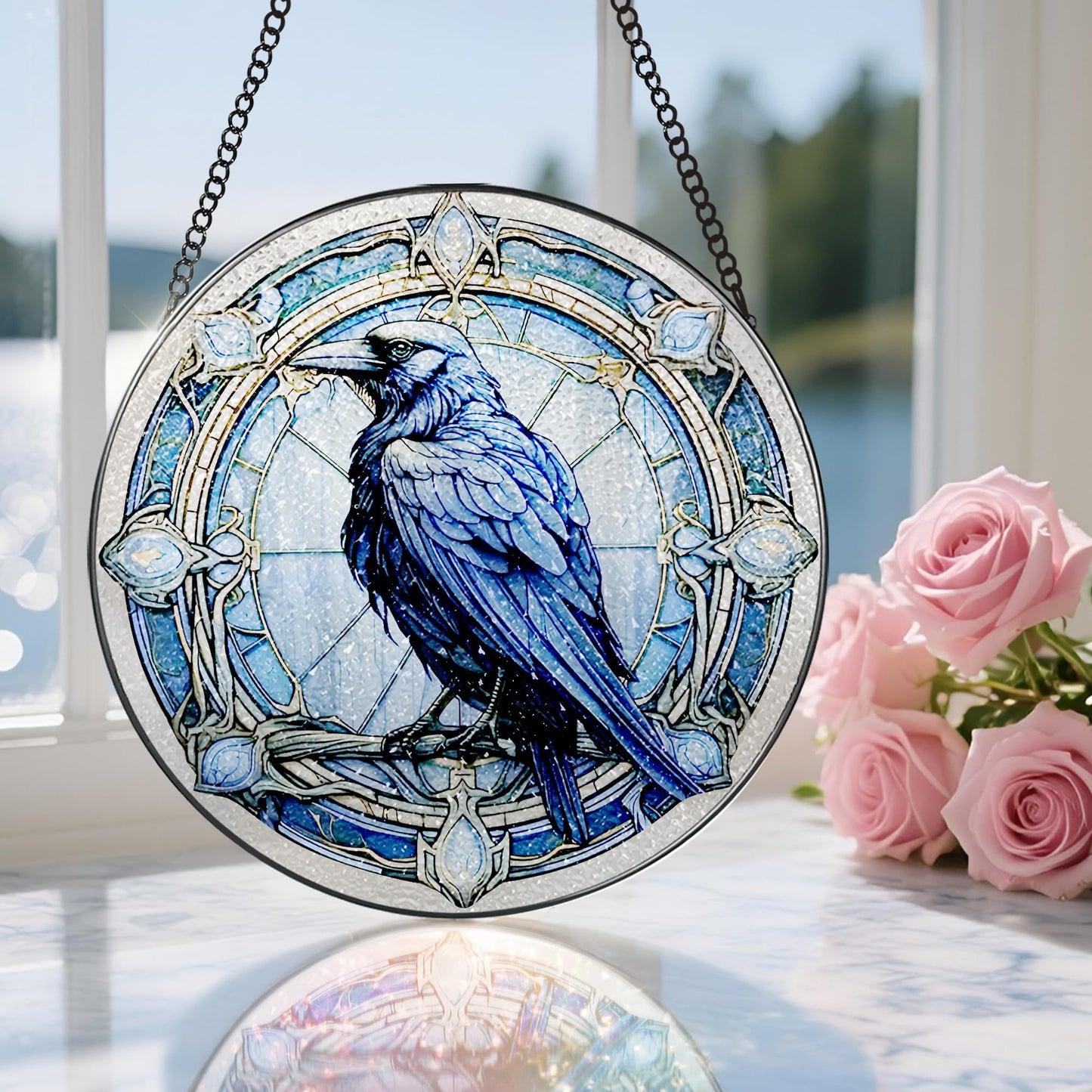 8 Inch Stained Glass Suncatcher Ornament, DOUHASU Crow Sun Catchers Indoor Window, Stained Glass Window Hanging, Home Decor, Bird Lovers Gifts for Women, Men