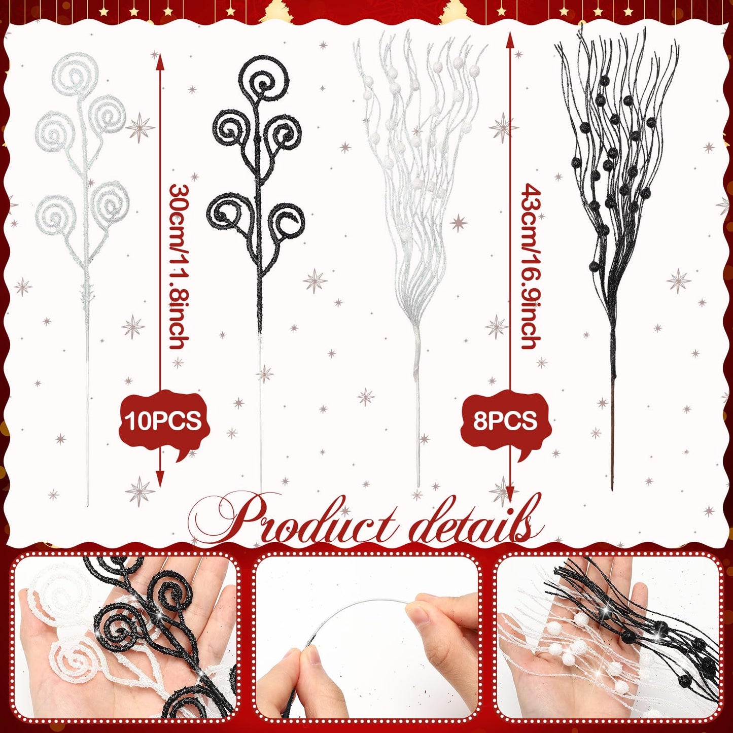 Daifunli 36 Pcs Black White Christmas Tree Picks and Sprays Ornaments 17'' 12'' Artificial Glitter Christmas Berry Stem Stick Branches Tree Filler Topper for Xmas Wreath Vase Home Decoration