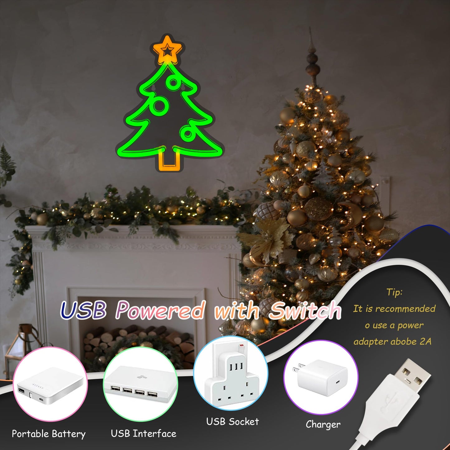 Christmas Tree Neon Signs,Adjustable Brightness Led Lights Sign Christmas Decorations,USB Powered Neon Sign for Wall Decor Xmas Gifts Home