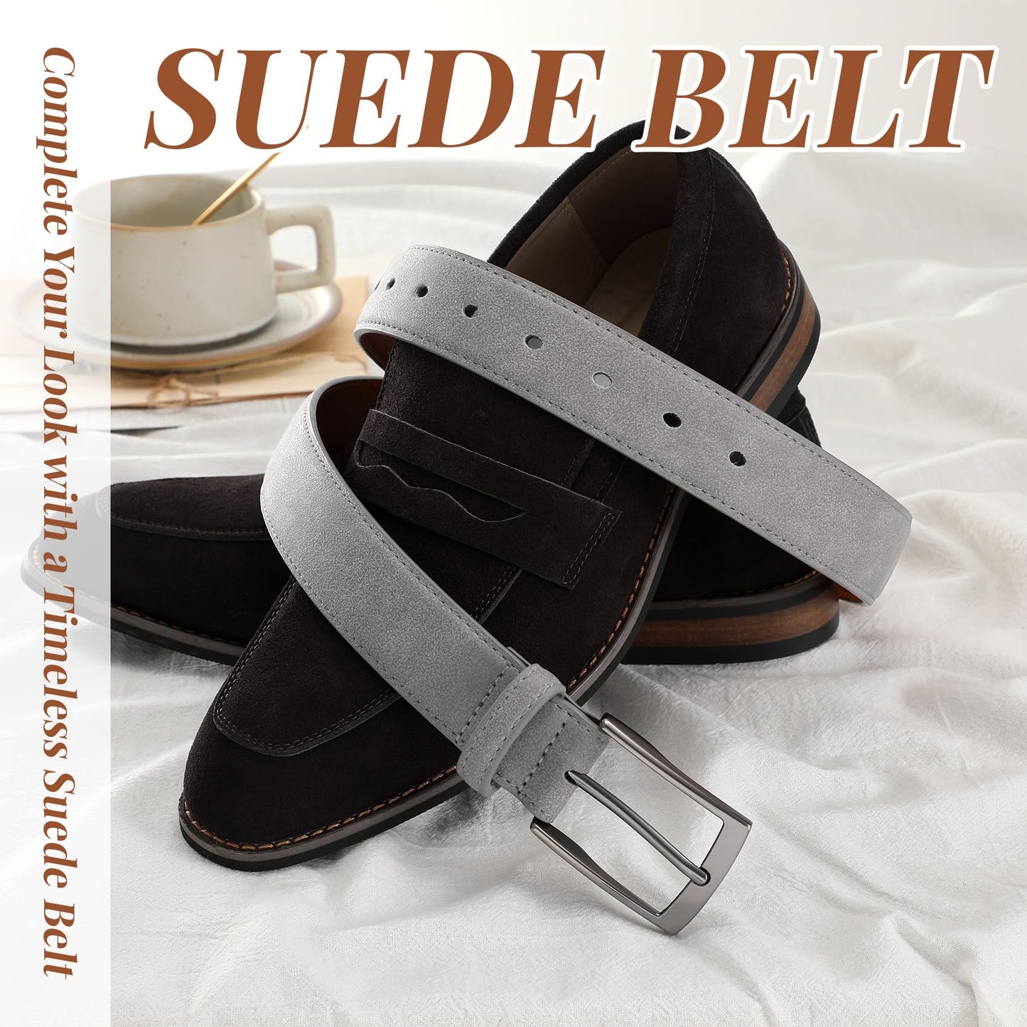 XZQTIVE Mens Suede Belt - 1 3/8" Genuine Leather Dress Belt for Jeans Dress Handmade Classic Every Day Belt, Gray (Fit Pant 31"-35")