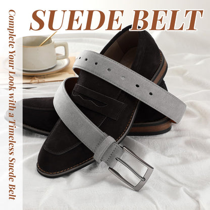XZQTIVE Mens Suede Belt - 1 3/8" Genuine Leather Dress Belt for Jeans Dress Handmade Classic Every Day Belt, Gray (Fit Pant 31"-35")