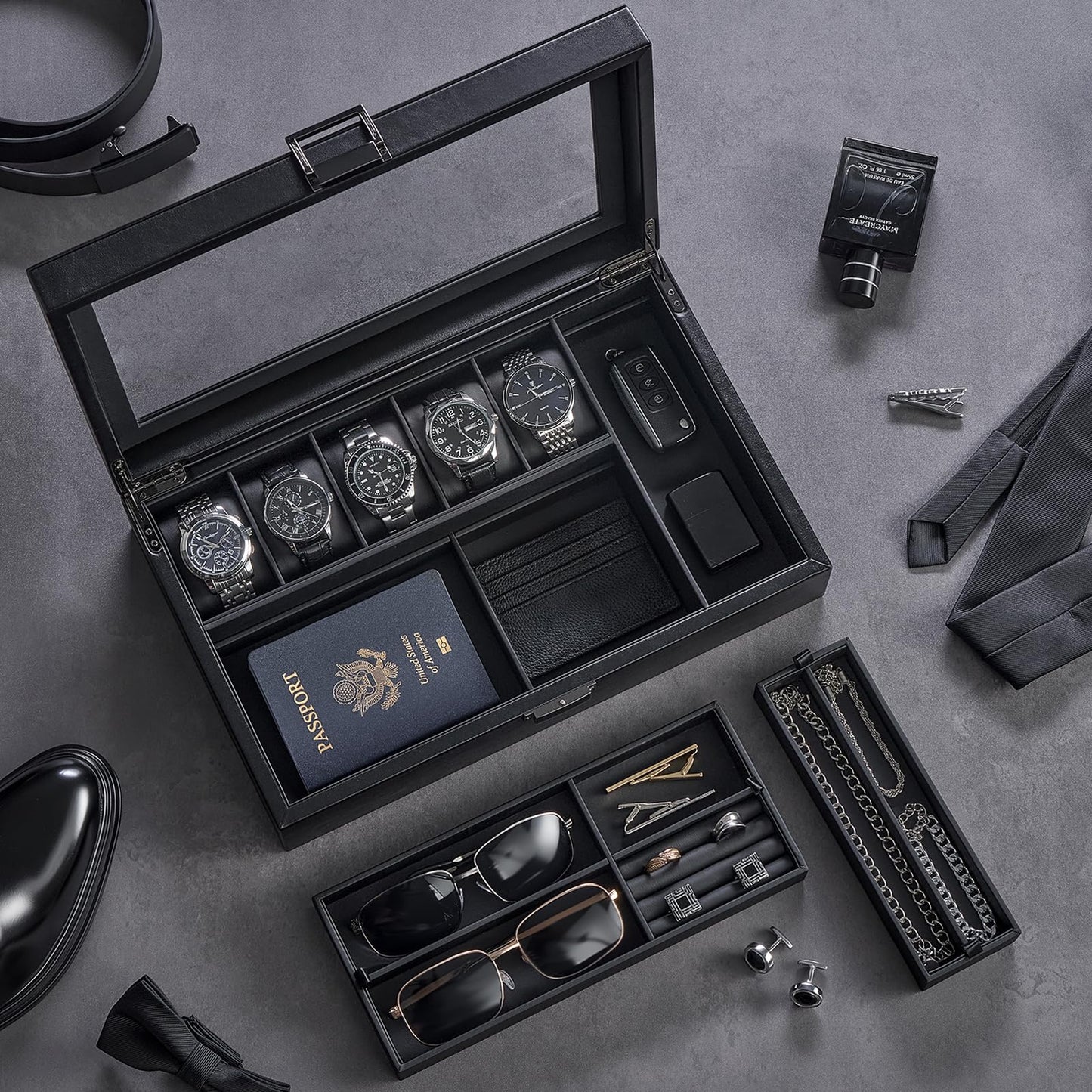 ProCase Men's Jewelry Box, 5-Slot Watch Display Case Jewellry Storage Organizer for Sunglasses Rings Accessories with Hidden Compartment, Watch Holder with Glass Lid, Fathers Day Gift -Black