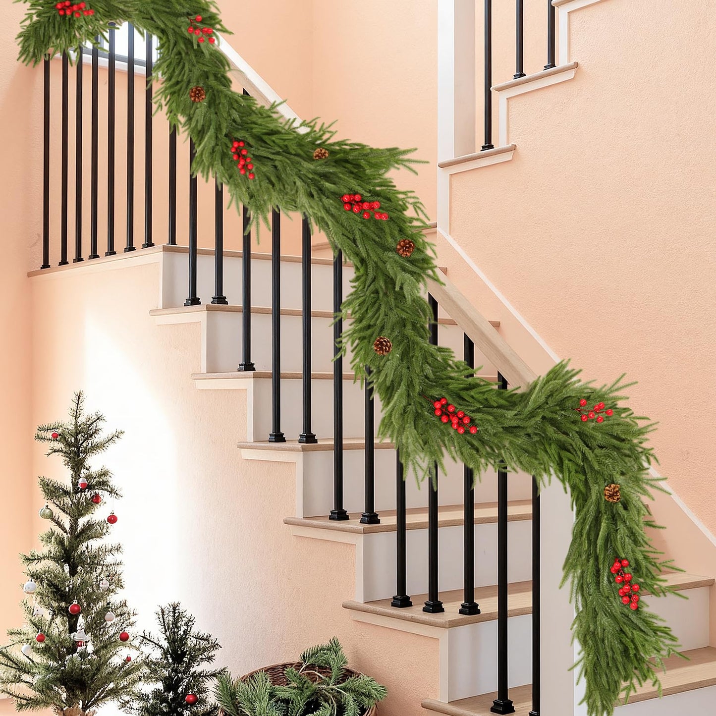 9FT Artificial Norfolk Pine Garlands - Real Touch Winter Pine Garland, Green Artificial Greenery Garland for Mantle, Table, Wall, Indoor & Outdoor Fireplace Christmas Decorations