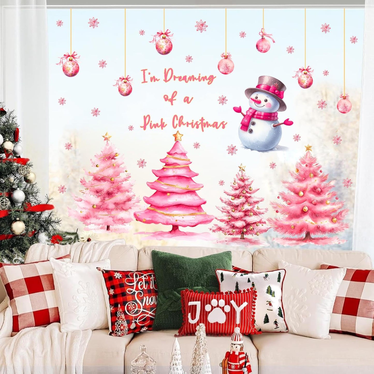 Pink Christmas Window Clings Double-Sided Christmas Tree Windows Decoration Stickers Indoor Xmas Pine Tree Window Decals for Glass Snowman Snowflakes Decals for Winter Holiday Party Supply