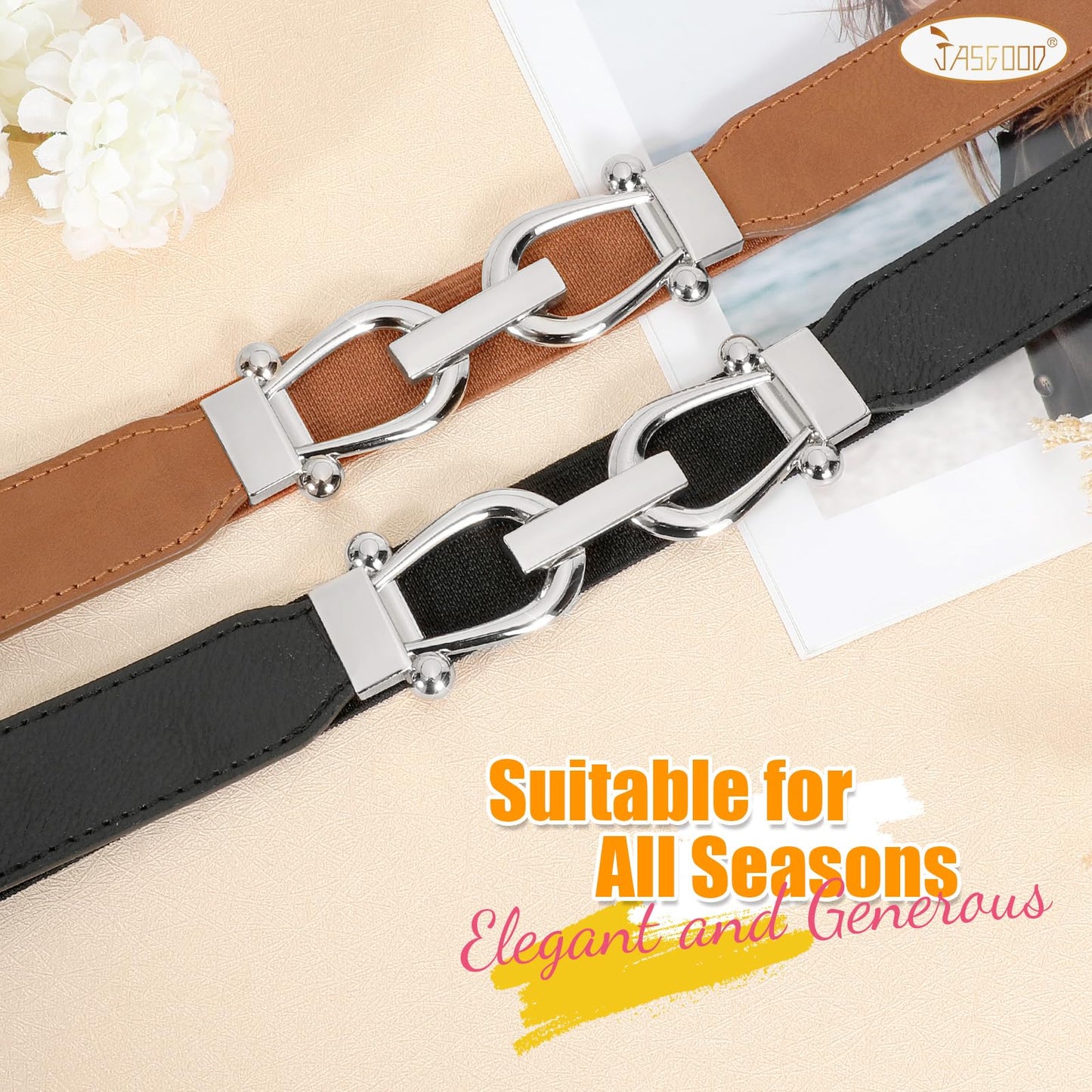 JASGOOD Women Stretchy Waist Belt Retro Elastic Skinny Belt for Ladies with Silver Buckle 2 Pack