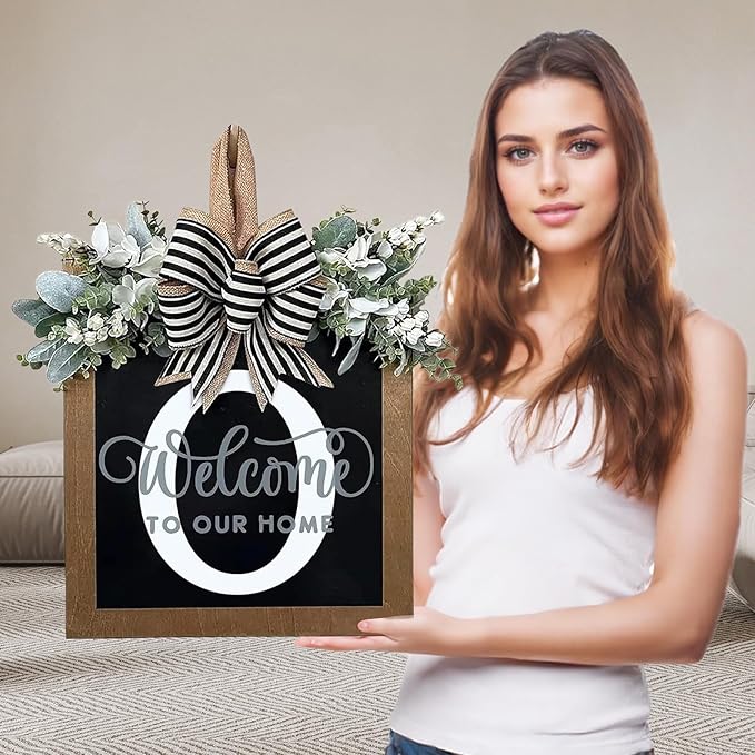 Ultra Large 14'' Last Name All Year Round Front Door Wreath with 26 Initial Letter Welcome Sign All Seasons Eucalyptus Garland and Bow Wreaths for Front Door Porch Farmhouse Decoration (O)