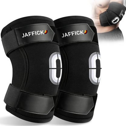 Jaffick Weightlifting Elbow Brace (1 Pair) - Elbow Sleeve with Dual Adjustable Compression Straps for Bench Press, Powerlifting, Pressing, Men & Women(Black, M)