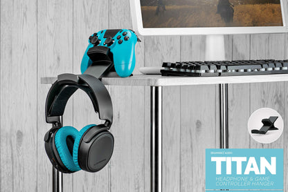 BRAINWAVZ The Titan - Desktop Gamepad Controller & Headphone Hanger Holder - Designed for XBOX ONE, PS4, PS3, Dualshock, Switch, PC, Steelseries, Steam & More, Reduce Clutter, Black