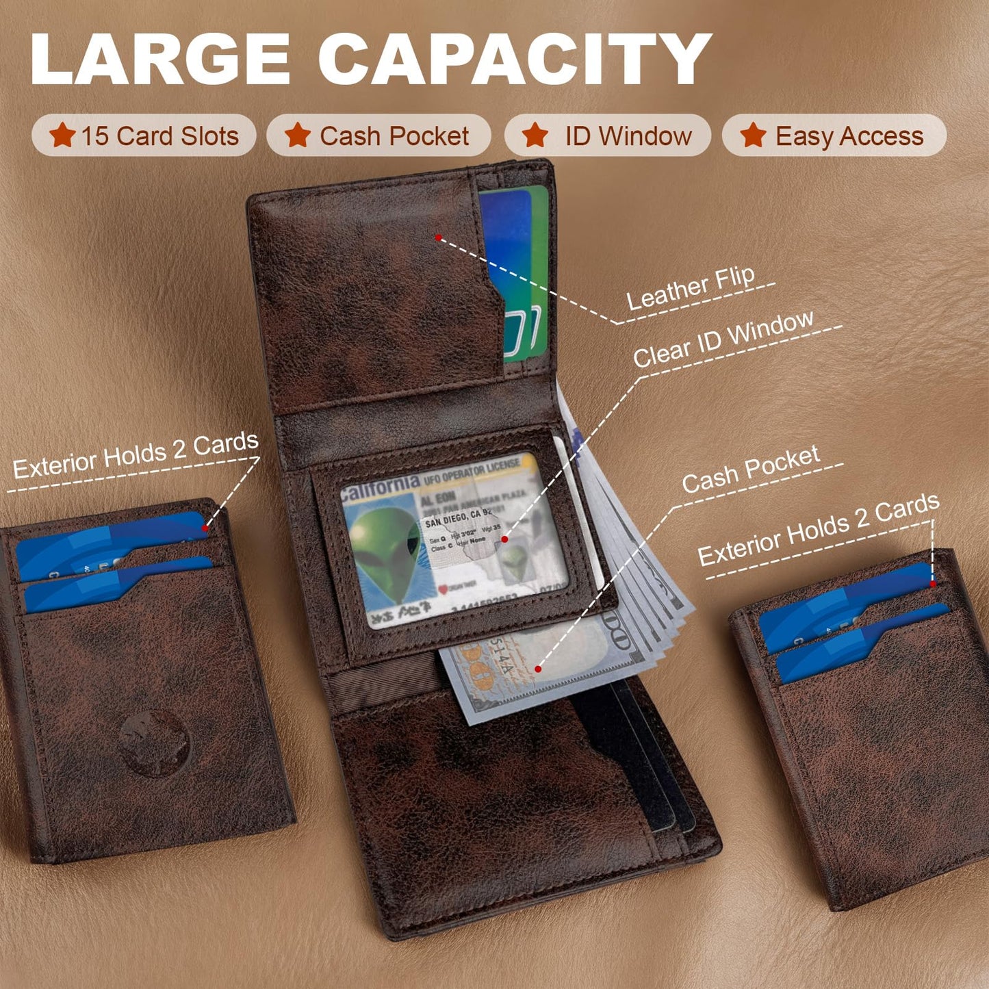 OLLEN Trifold Leather Wallet for Men, RFID Blocking Slim Wallet with 15 Card Capacity Cash Pocket 2 ID Windows, Magnetic Closure Minimalist Wallet for Front Pocket Wallet, Coffee