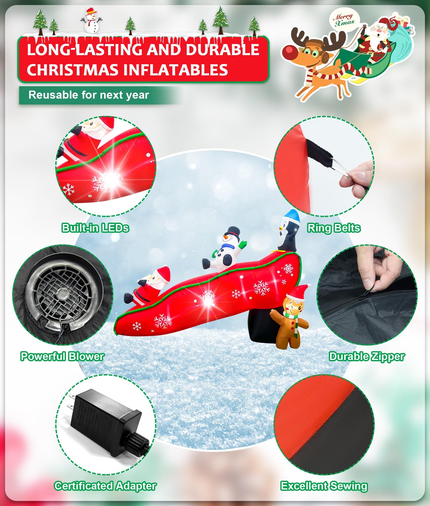 EAONE 7FT Christmas Inflatables Outdoor Decorations, Cute & Funny Inflatatable Christmas Santa Snowman Slide Blow Ups Yard Decoration with Lights for Garden Lawn Home Xmas Holiday Season Decor