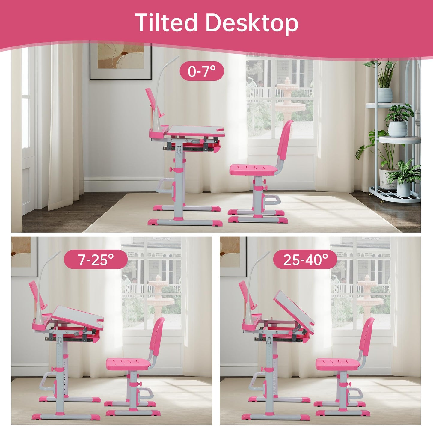 SMAGREHO Kids Desk and Chair Set, Height Adjustable Child's School Study Writing Tables with Tilt Desktop, LED Light, Storage Drawer, Book Stand (Pink)
