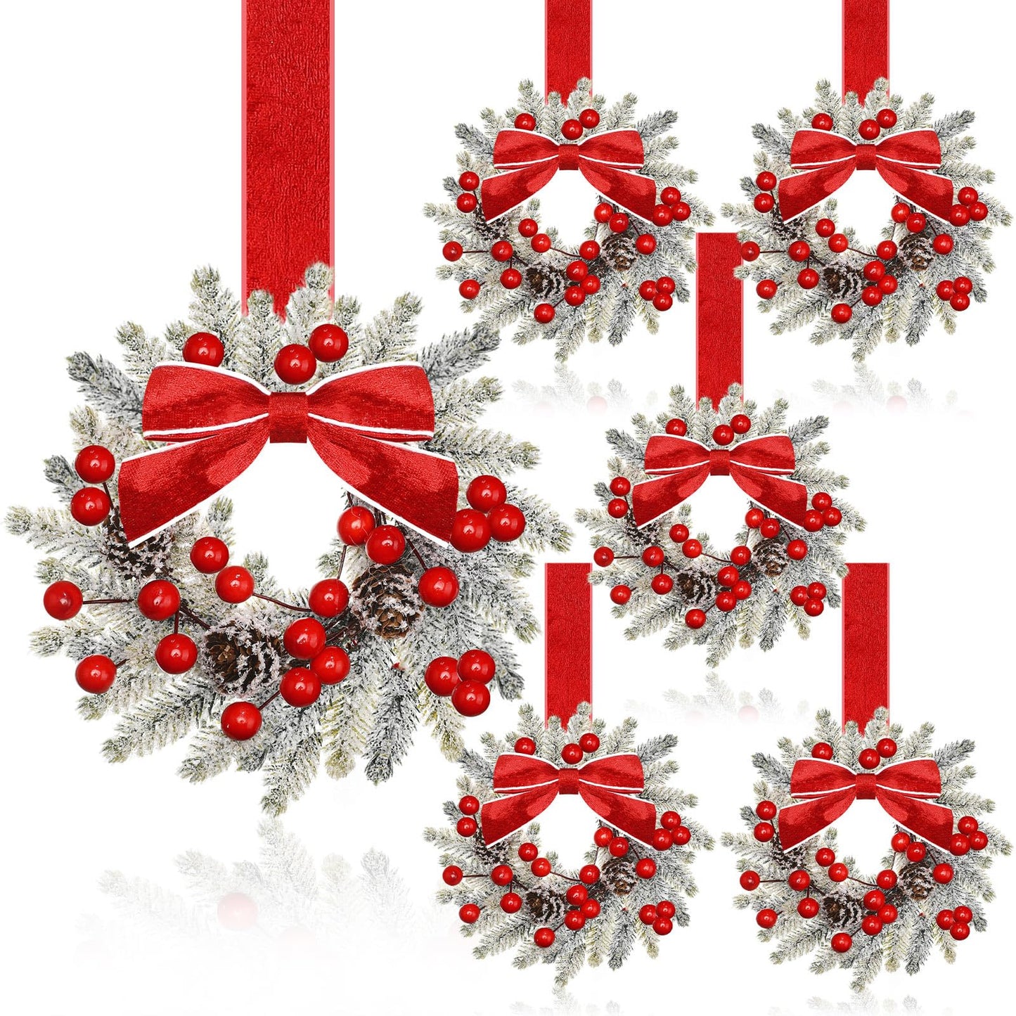 Dingion 6 Pcs 6 Inch Christmas Mini Cabinet Wreaths for Kitchen with Ribbon Bows Red Berry Small Winter Window Wreath Garland for Door Window Farmhouse Christmas Party Decorations