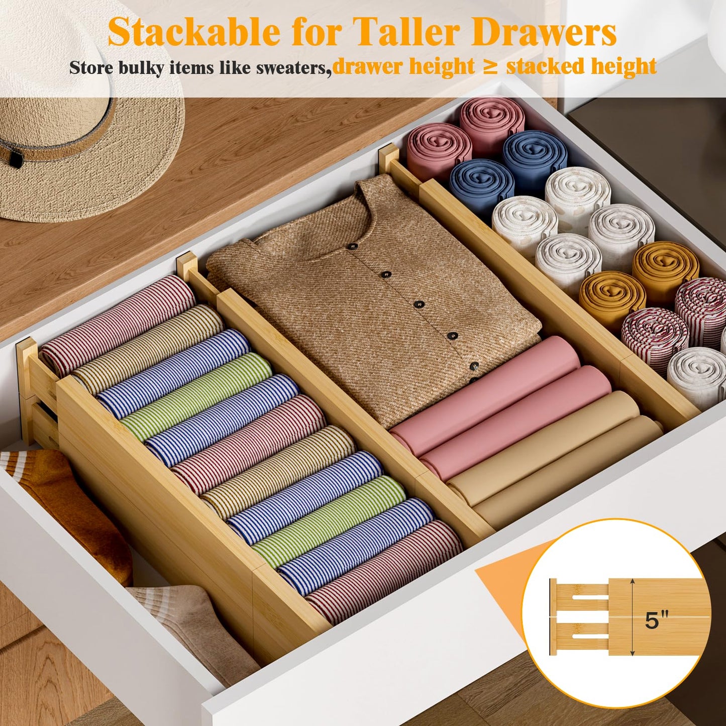 Ryqtop Bamboo Drawer Dividers,12-21" Adjustable Drawer Organizers for Clothes,Expandable Dresser Separators in Kitchen/Bedroom/Bathroom/Vanity/Office Organization and Storage,4-Pack