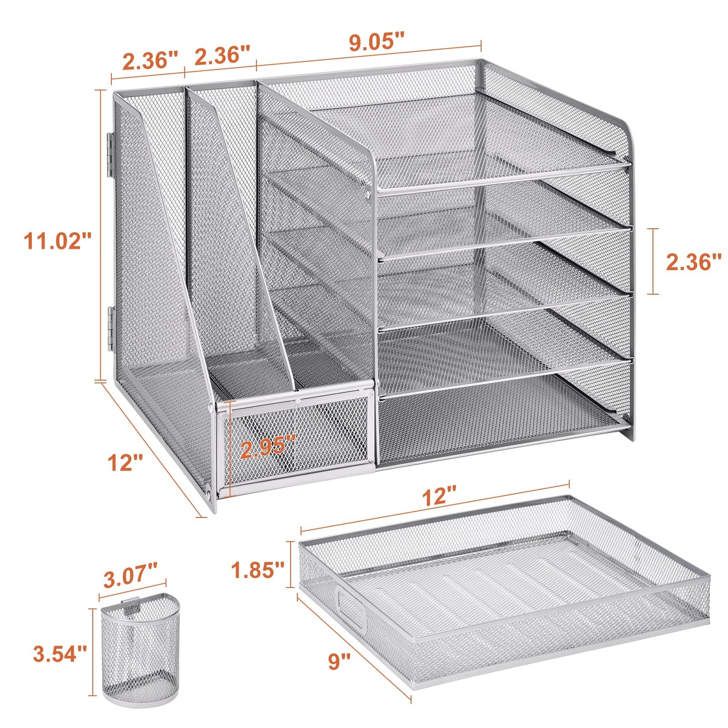 Marbrasse Desk Organizer with File Holder, 5-Tier Paper Letter Tray Organizer with Drawer and 2 Pen Holder, Mesh Desktop Organizer and Storage with Magazine Holder for Office Supplies (Silver)