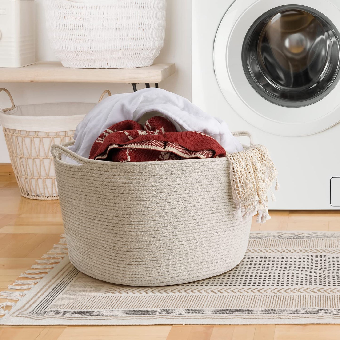 Maliton Extra Large Blanket Basket, Big Woven Cotton Rope Bin for Toys Towels, Pillow Basket with Handles, 22" x 22" x 14" Nursery Laundry Hamper, White Large Storage