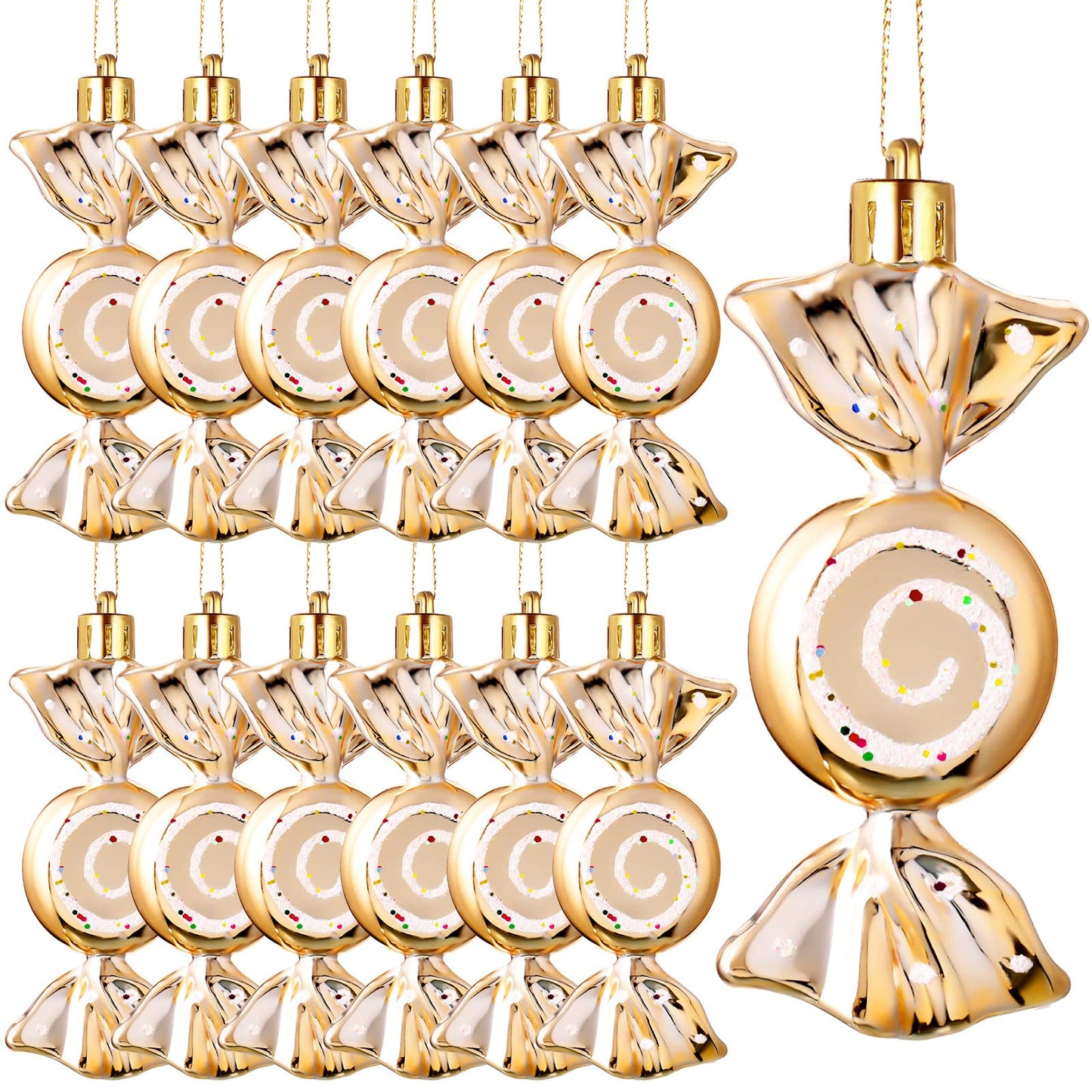 Threan 12 Pcs Christmas Candy Ornaments for Tree Decoration Hanging Glitter Candy Cane Christmas Peppermint Ornament with Golden Rope for Xmas Holiday Decoration(Champagne Gold,Plastic)