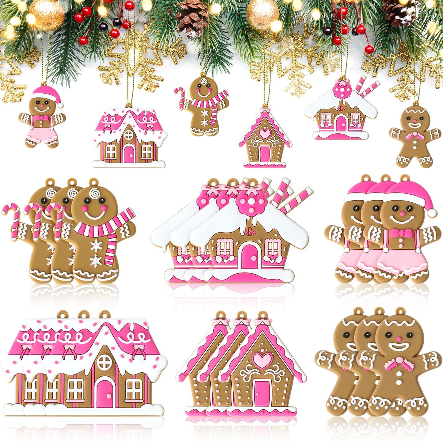 Threehoney 18 Pcs Pink Gingerbread Man Ornaments for Christmas Tree Pink Gingerbread House Candy Cane Pendant Charm Cute Plastic Christmas Decoration Hanging Party Decor for Xmas Winter Party Supplies