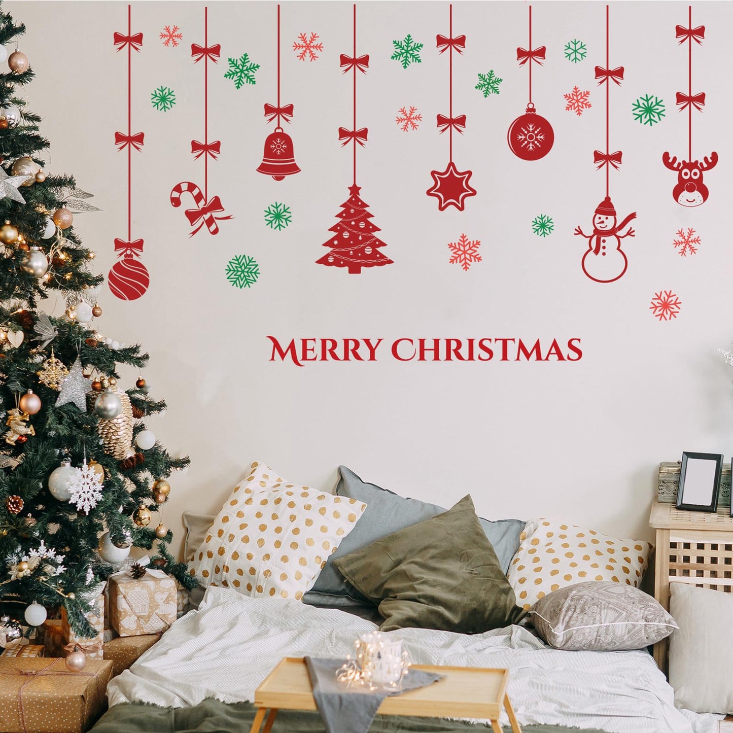 Merry Christmas Wall Decals for Bedroom-Hanging Xmas Tree Snowflake Wall Stickers for Living Room Window Door Decor-Removable Art Mural for Kids Baby Gift Nursery Decor Supplies (Red)