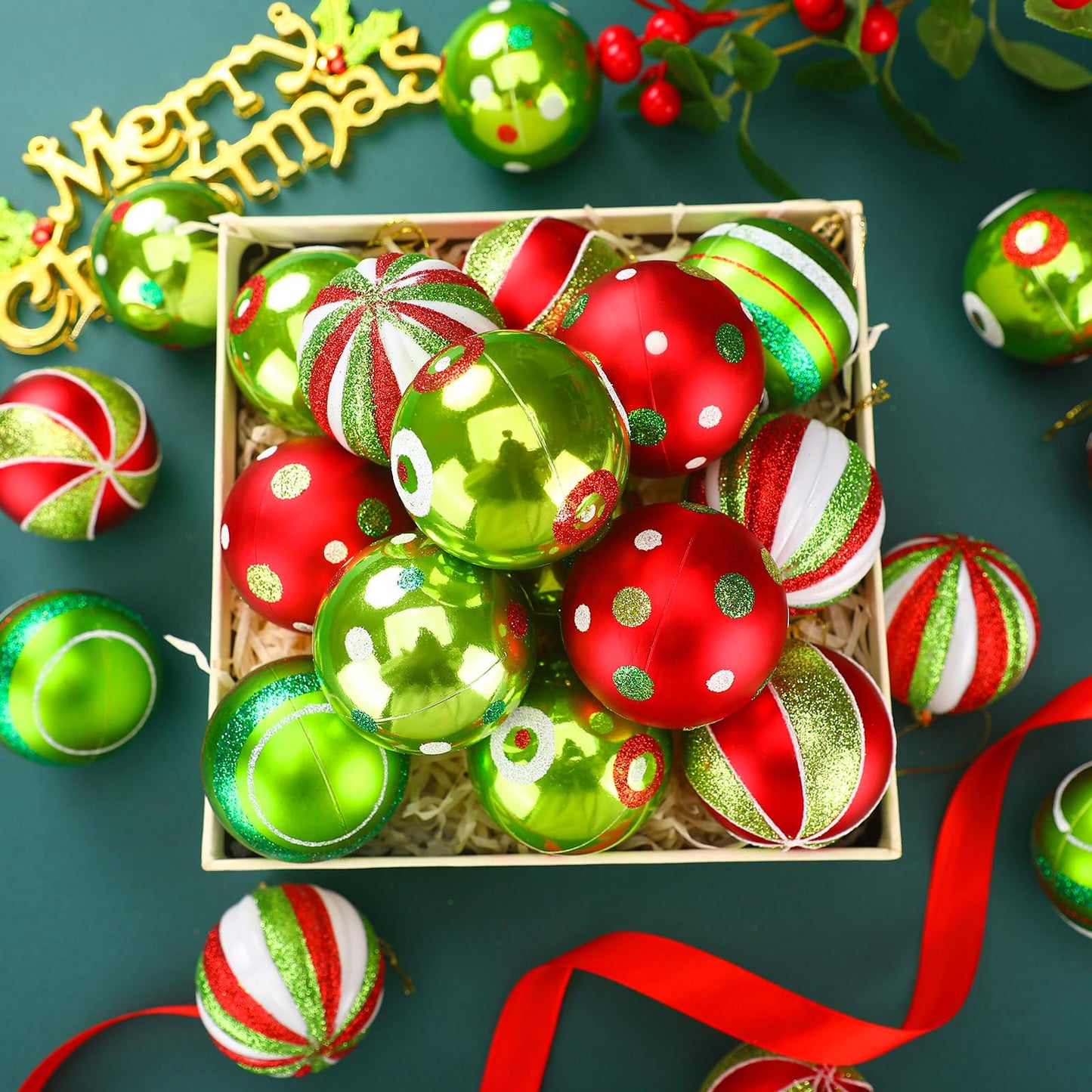 Jetec 12 Pcs Lime Green and Red Christmas Ball Ornaments for Tree 2.4 Inch Polka Dots Stripes Christmas Decorations Shatterproof Peppermint Candy Cane Xmas Baubles for Tree Home Wreath Party Decor
