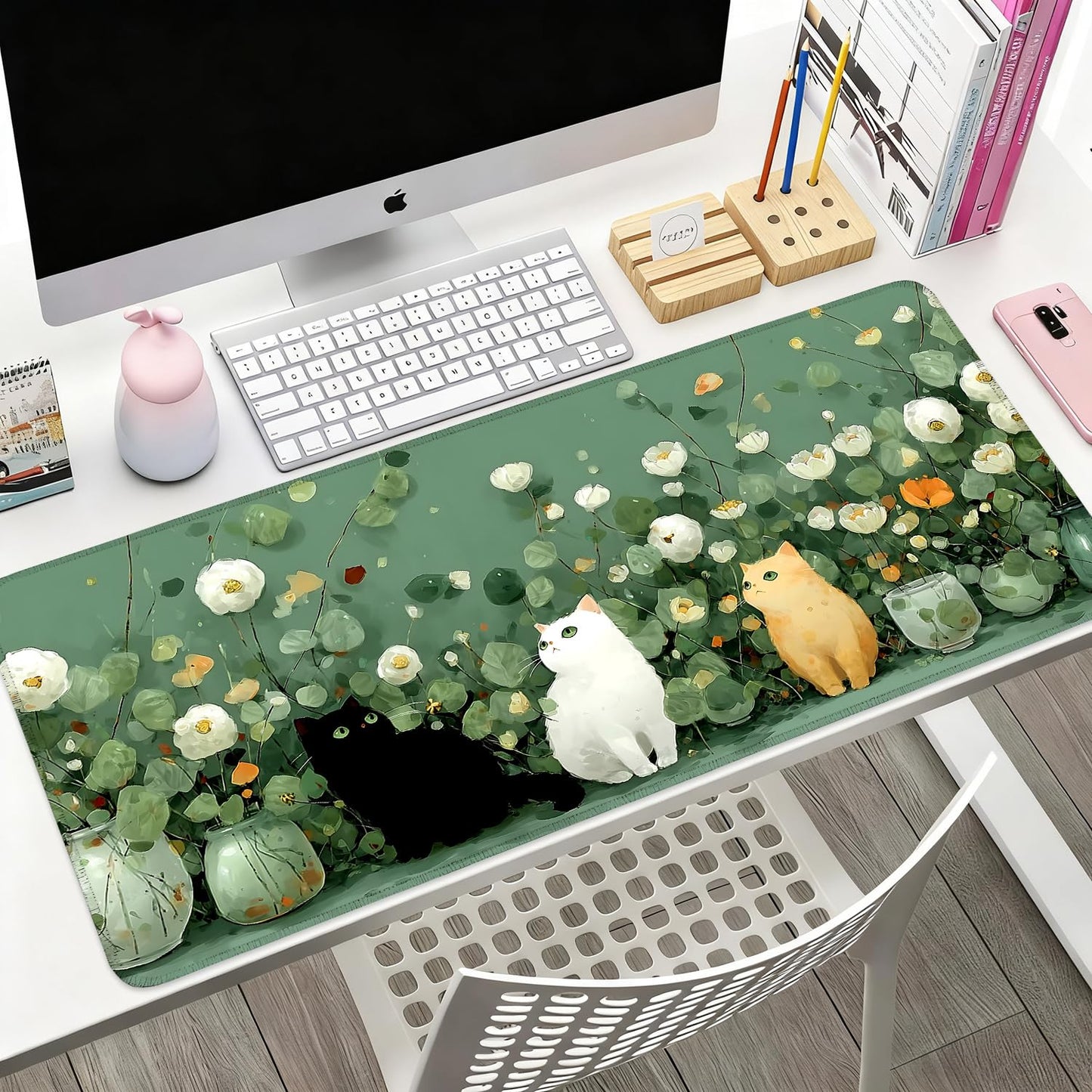 Desk Mat, XXL Extended Gaming Pad for Desktop, 31x12 Inches Floral Cats Three Kittens with Flowers, Large Non-Slip Vegan Leather Surface with Stitched Edges, Keyboard Mouse Mat for Home Office