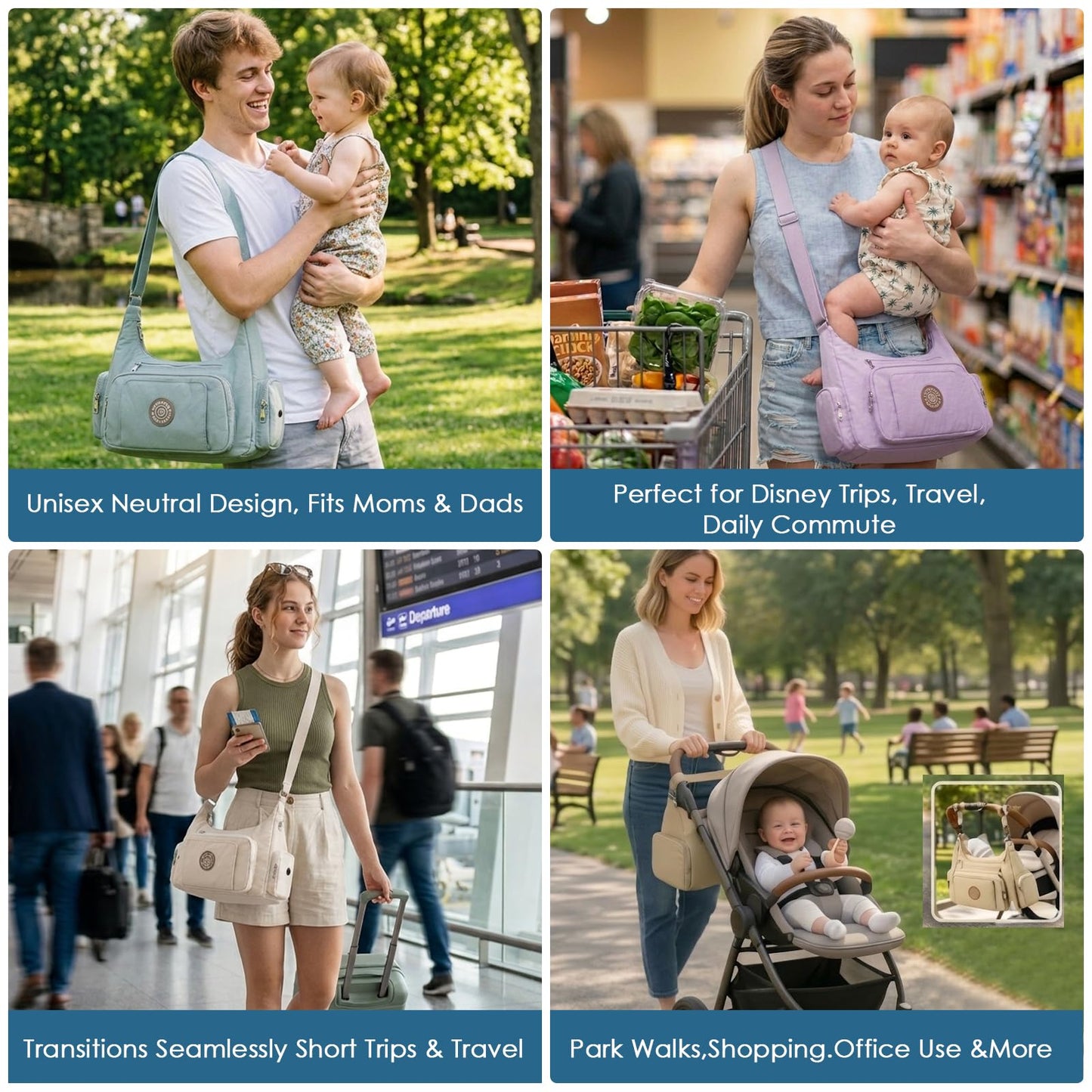 MYHOZEE Puffer Crossbody Diaper Bag for Mom - Lightweight Nylon Mom Bag Purse with Wipes & Trash Bag Dispenser - Compact Stroller Organizer Bag with Insulated Pocket, Water-Resistant, Apricot