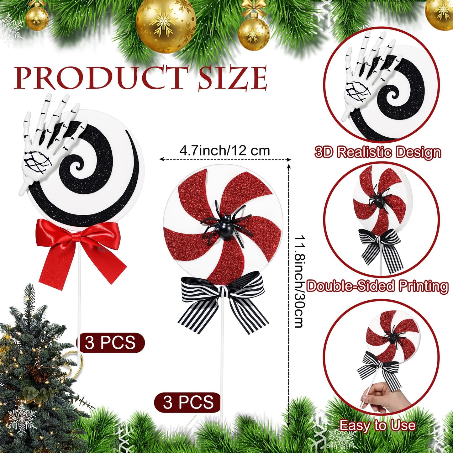 Gejoy 6 Pcs Black White and Red Christmas Ornaments Gothic Christmas Tree Picks Candy Cane Lollipop Double Sided Peppermint Lollipop Ornaments for Xmas Tree Topper Party Supplies Vase Decor