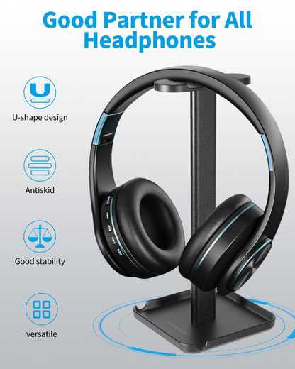 XMANA 2-in-1 Aluminum Headphone Stand & Phone Holder Rack - Sleek, Sturdy & Ergonomic Design Gaming Headset Stand for Desk Organization - Gamer Gifts (Black)