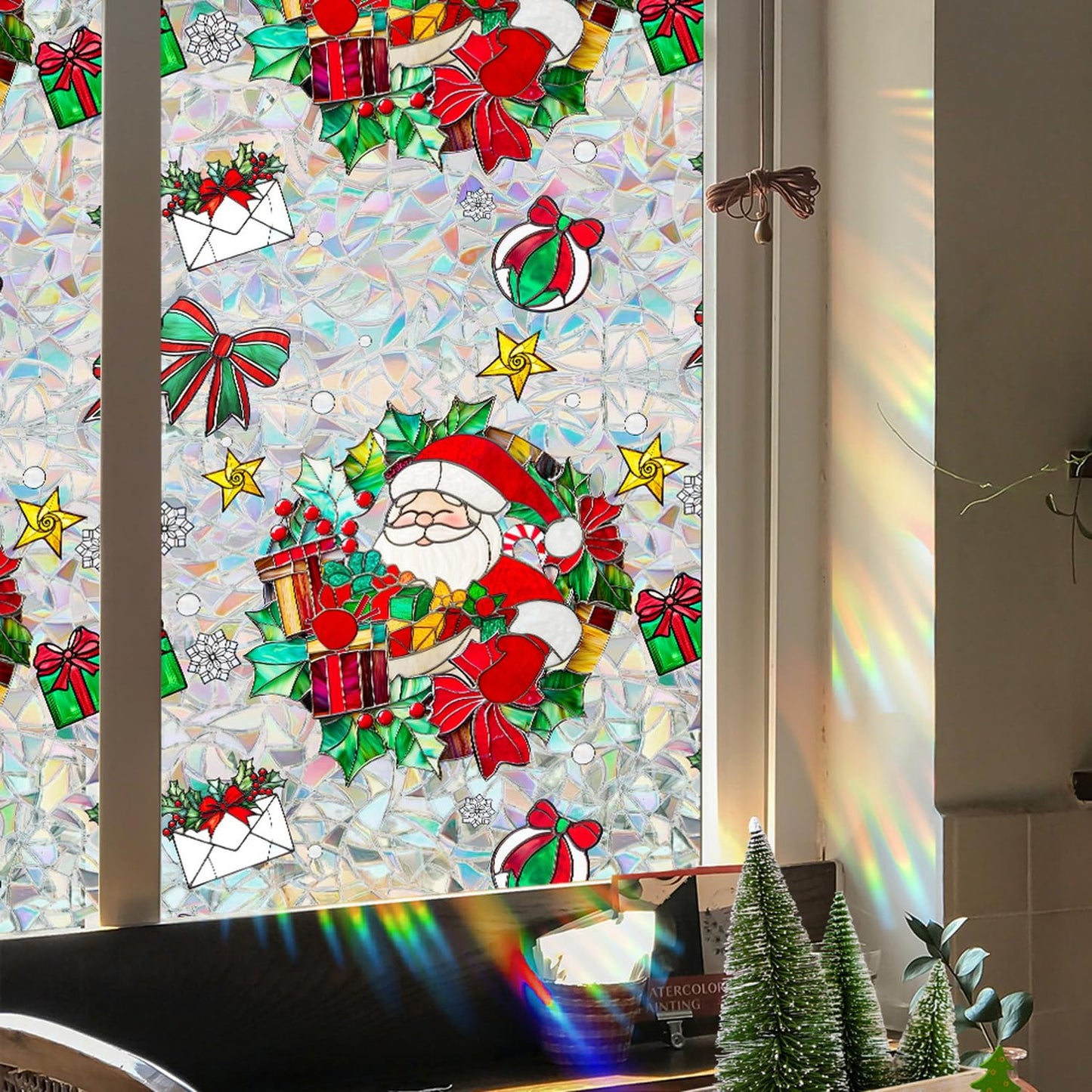 Christmas Window Stickers for Glass Rainbow Privacy Film Stained Stickers Santa Claus Window Film Christmas Balls Design Windows Decals for Home Party Supplies Glass Display Decor 17x 39.3 Inch