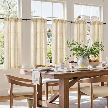 jinchan Striped Linen Kitchen Curtains 45 Inches Length Tier Curtains Farmhouse Modern Cafe Style Small Window Treatments Airy Light Filtering Rod Pocket for Living Room Bathroom 2 Panels Beige