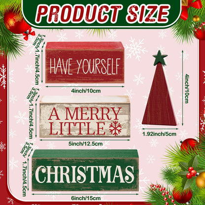 Moucuny 4 Pcs Christmas Decor Wooden Christmas Tree Winter Tiered Tray Decor Xmas Table Centerpiece Rustic Decorative Tree Block Signs Gift Farmhouse Winter Table Decoration for Home Kitchen