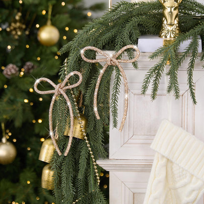 FLAIR GIFTS 6 Pcs 2026 Christmas Bows Ornaments, Champagne Gold Sparkly Glitter Rhinestone Bow Ornaments with Twist Tie for Xmas Tree Decoration, Wreath, Garland, Gift Wrapping