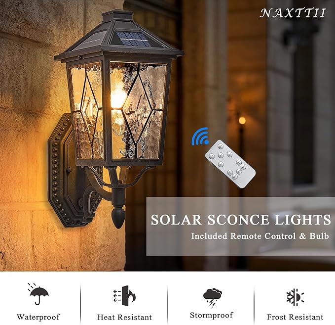 Solar Outdoor Wall Lamp Waterproof Aluminum Outside Solar Wall Lantern with Remote Control Black Outdoor Porch Lights Wall Mount with Water Ripple Handmade Solder Glass LED Bulb Included