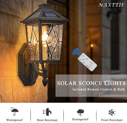 Solar Outdoor Wall Lamp Waterproof Aluminum Outside Solar Wall Lantern with Remote Control Black Outdoor Porch Lights Wall Mount with Water Ripple Handmade Solder Glass LED Bulb Included