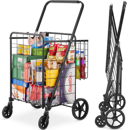 VEVOR Shopping Cart, 110 lbs Large Load Capacity, Folding Grocery Shopping Cart with 360° Swivel Wheels, Double Baskets, Locking Latch, Heavy Duty, Easy Installation, for Laundry, Luggage Camping