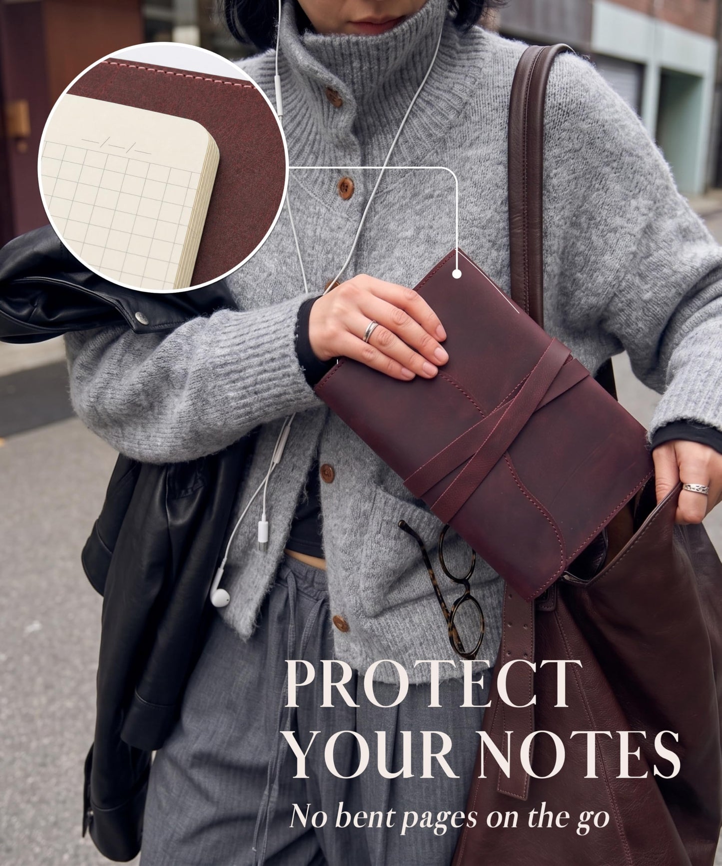 Leather Journal Cover – Refillable A5 Notebook Cover (5.8" x 8.3"), Minimalist Wrap Book Sleeve in Full Grain Leather with Strap Closure, Slim Protective Diary & Planner Cover, Inserts Not Included