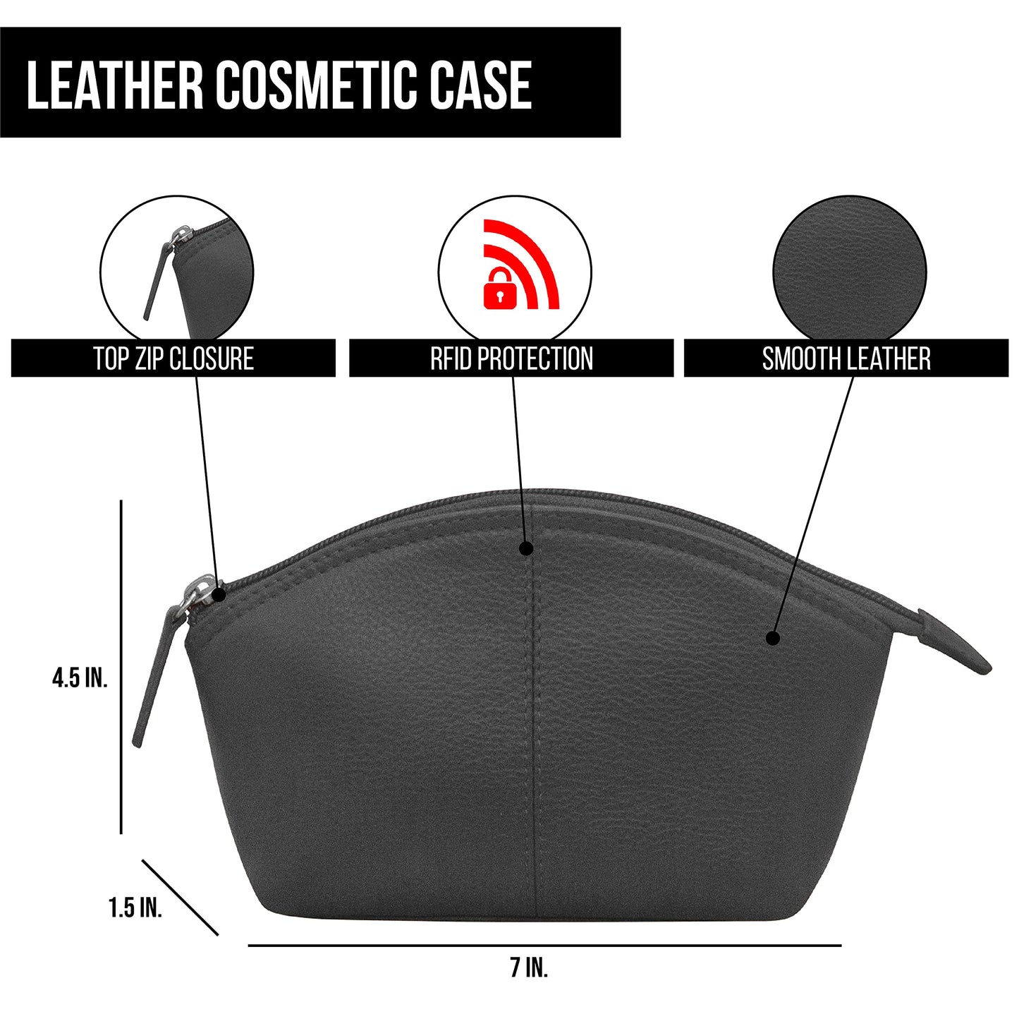 ili New York Genuine Leather Cosmetic Pouch – RFID Blocking, Leather Makeup Bag for Purse with Top Zip Closure & Interior Zip Pocket, Perfect as a Compact and Stylish Travel Cosmetic Bag