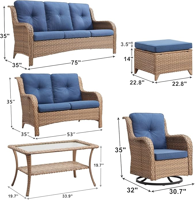 Rilyson Patio Furniture Swivel Chairs Set - 7 PC Wicker Rattan Outdoor Sectional Conversation Sets with 2 Rocking Chairs,2 Ottoman,1 Sofa,1 Loveseat and 1 Coffee Table for Porch Deck(Yellow/Blue)
