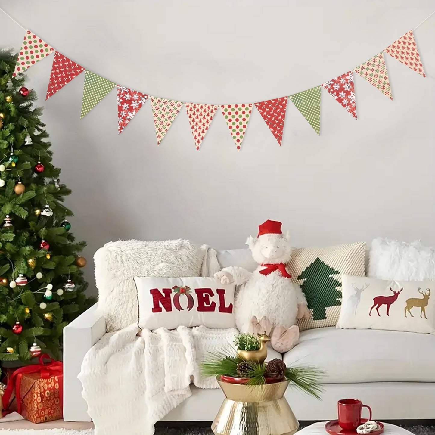 Christmas Banner Bunting-Xmas Birthday Banner- 80 Inch Holiday Pennant Garland with Snowflake Reindeer Pattern, Red and Green Triangle Flags for Winter Home Party Decoration