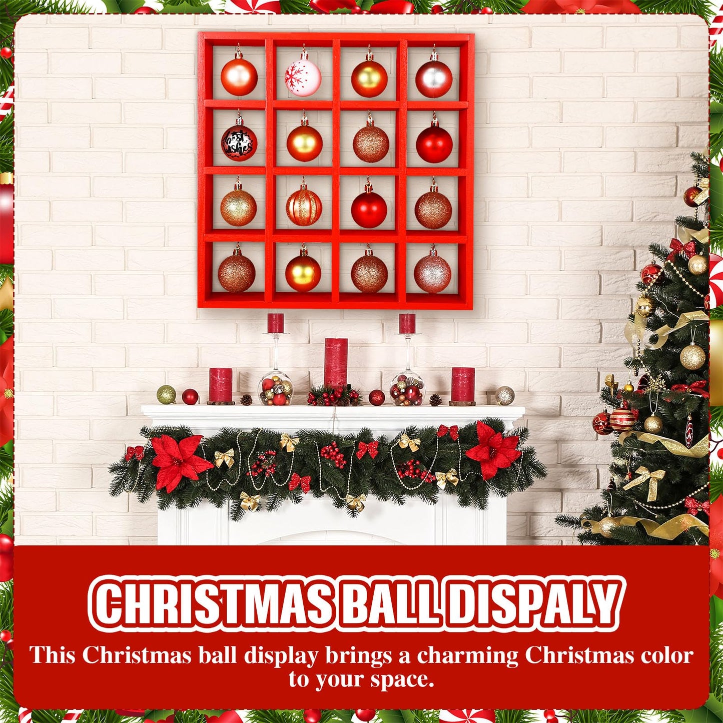 Cinnvoice Christmas Holiday Ornament Displays Rack Wooden Hanging Stand Holder Hanger for Christmas Ball Display Shelf Cabinet for Craft DIY Wall Decorations Gift(Red,16 Compartment)