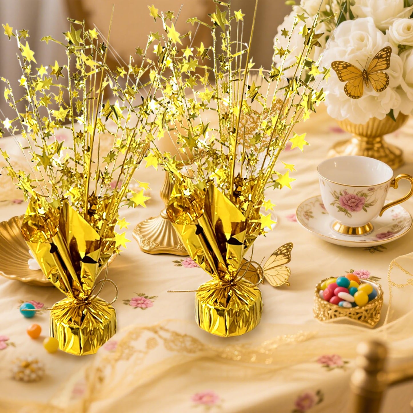 YinNorth 12 Pcs Metallic Foil Spray Centerpiece Party Star Table Decoration Brust Glitter Table Topper Decor for Birthday Graduation Holiday Christmas Dining Celebration New Year Party Supplies, Gold