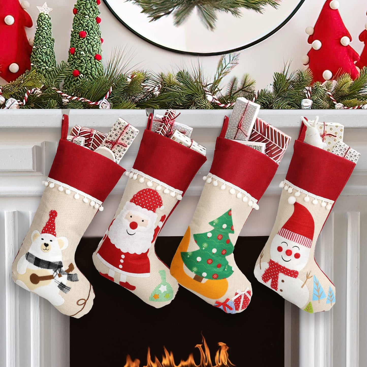 AUTGA Christmas Stockings 4 Pack, 18'' Large Xmas Stockings with Santa Snowman Gnomes Pattern, Christmas Stockings for Family Stairs Fireplace Tree Hanging Home Decorations Party Season Decor