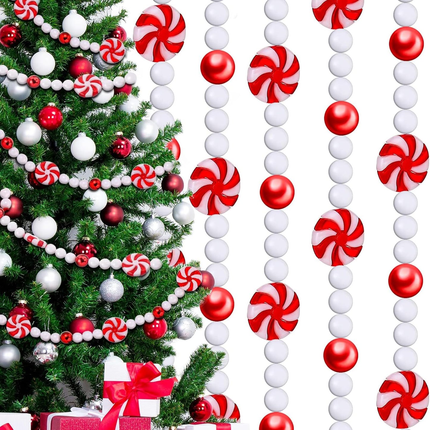 Gerrii 108 ft Christmas Candy Garland Christmas Tree Candy Bead Garland Holiday Plastic Cane Peppermint Red and White Decorations Xmas Hanging Garlands for Xmas Party Fireplace Home Decor