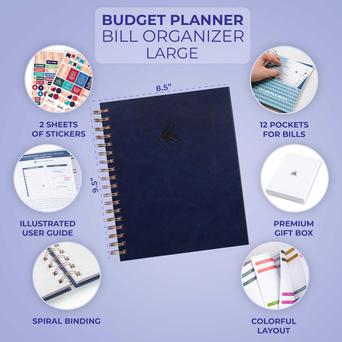 Clever Fox Budget Planner & Monthly Bill Organizer With Pockets. Expense Tracker, Budgeting Journal & Financial Book. Large, 8x9.5" (Dark Blue)
