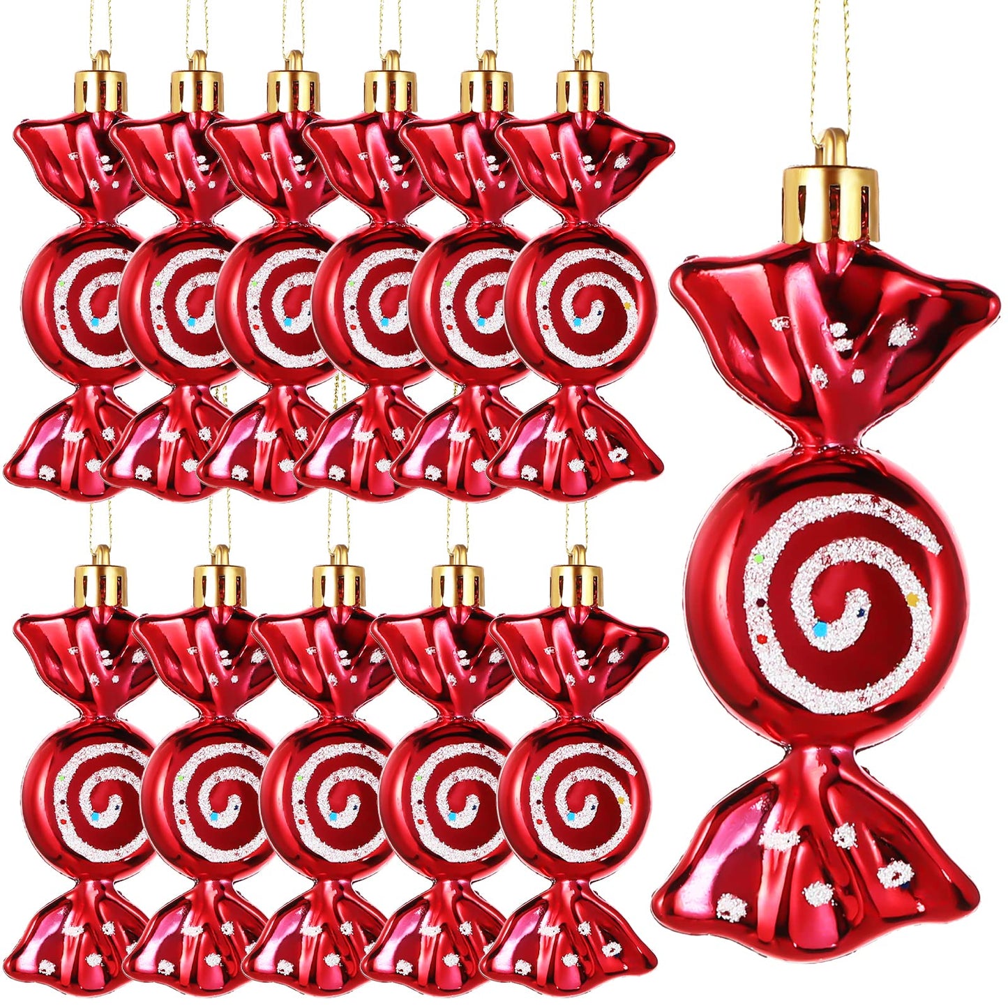 Threan 12 Pcs Christmas Candy Ornaments for Tree Decoration Hanging Glitter Candy Cane Christmas Peppermint Ornament with Golden Rope for Xmas Holiday Decoration(Red,Plastic)