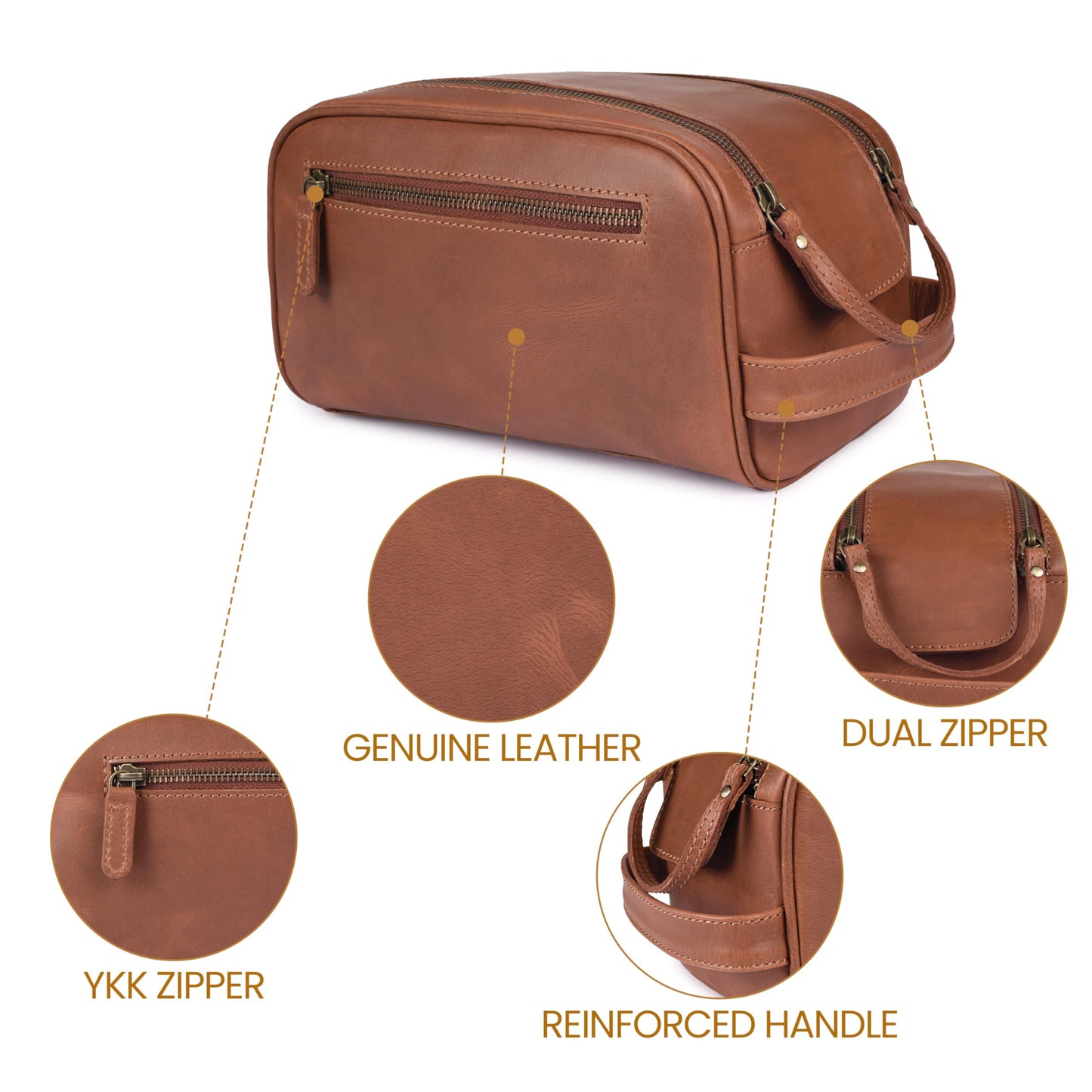 Leather Toiletry Travel Bag with Waterproof Lining, Large Capacity Vintage Dopp Kit, Shaving & Cosmetic Organizer for Men & Women - Tan