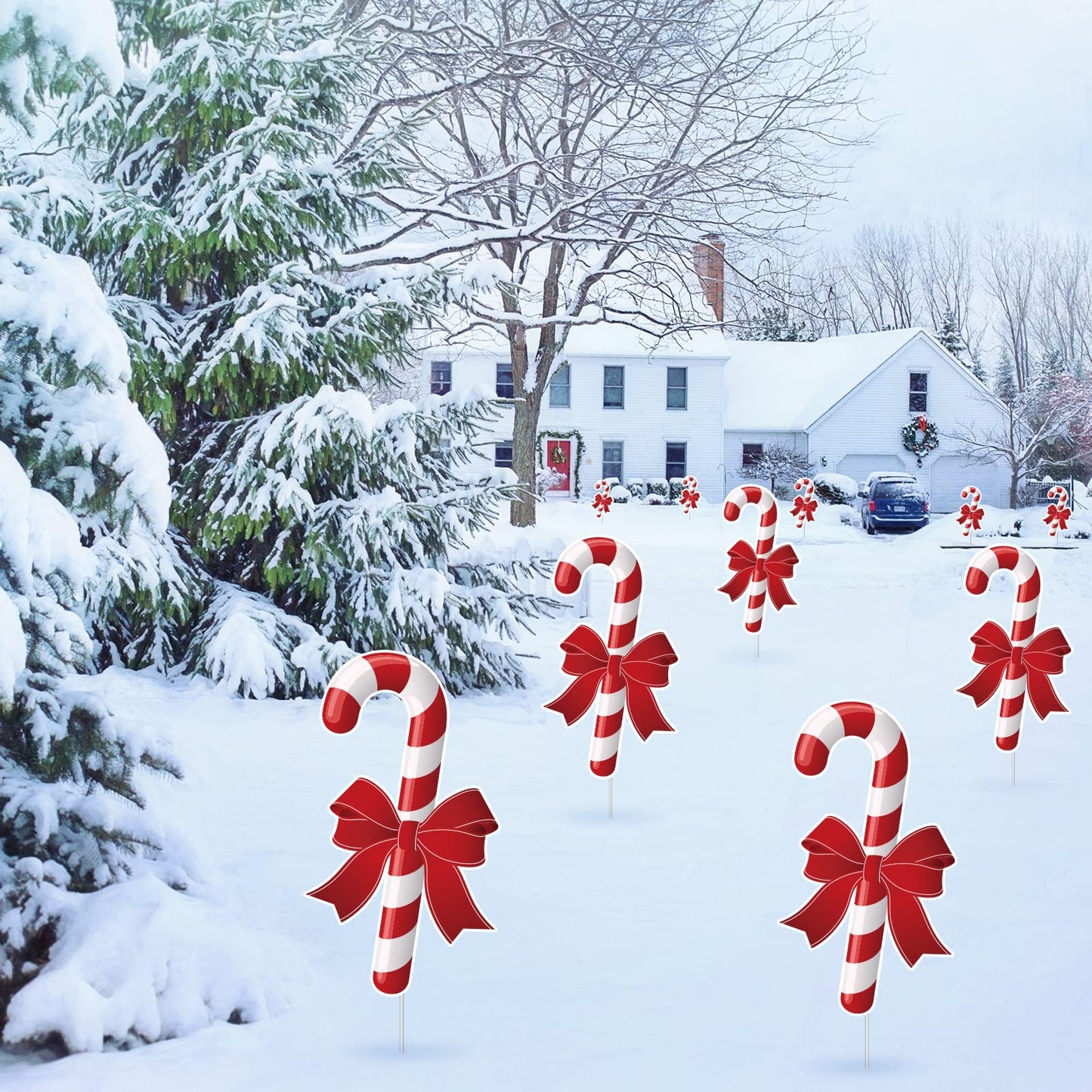 Whaline 10Pcs Christmas Yard Sign with 20Pcs Stakes Large Candy Cane Lawn Waterproof White Red Stripe with Bow Outdoor Sign for Xmas Pathway Walkway Patio Garden Decoration