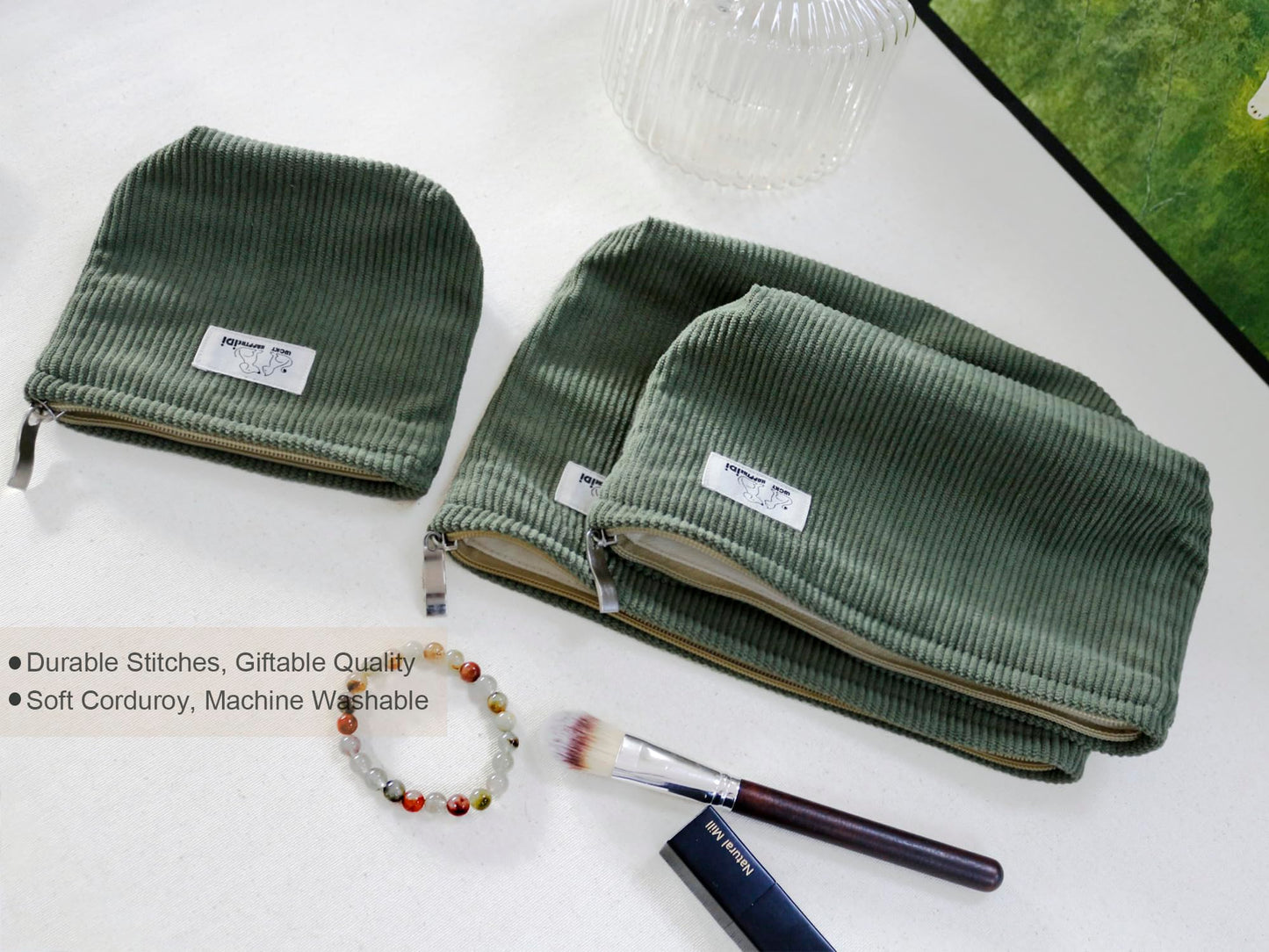 HAPPYHEIDI Corduroy Makeup Bag Set 3 Cosmetic Toiletry Travel Pouch Organizer for Purse Tote, Women Girls Gift, Large Medium Small, Solid Sage Green