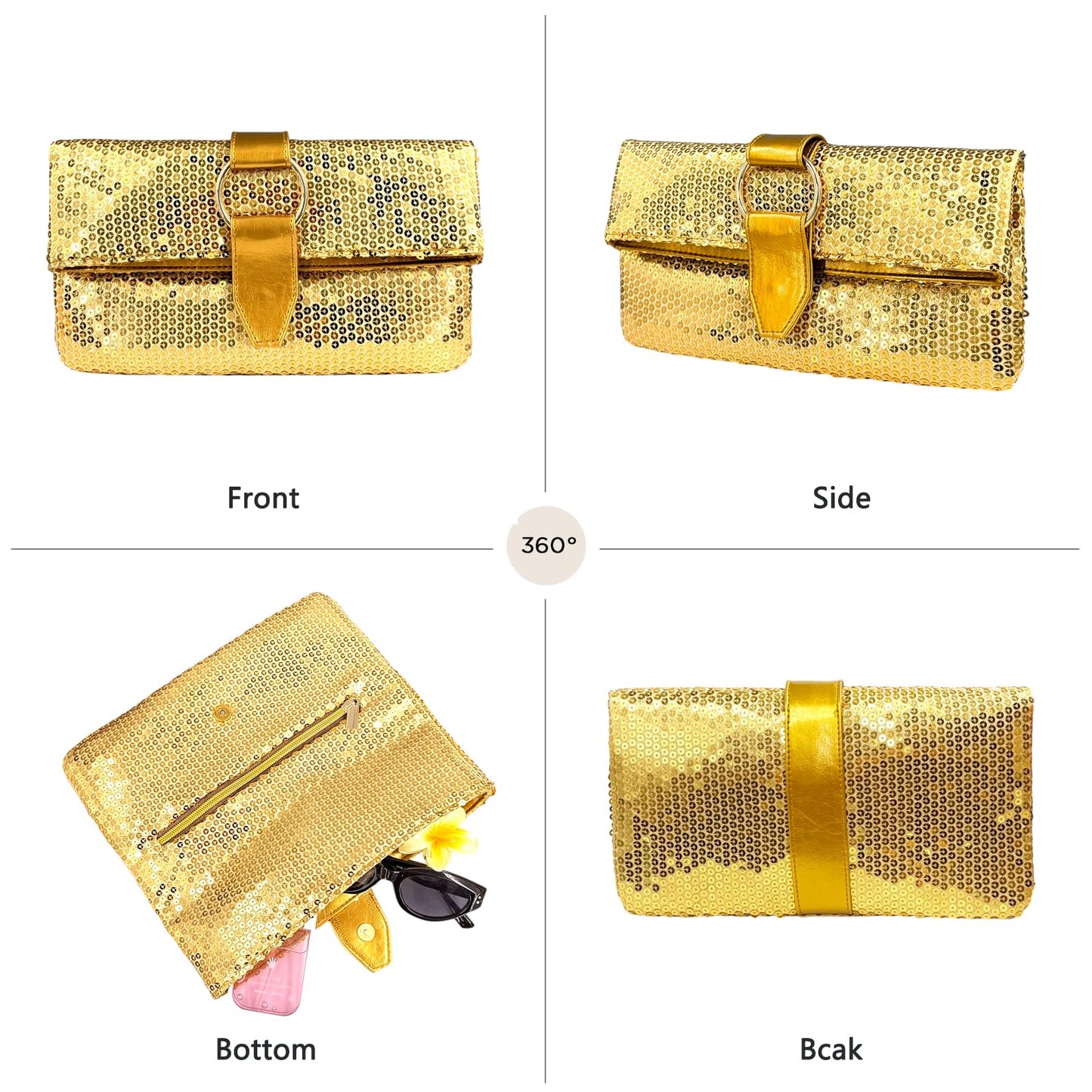 Evening Clutch Bag for Women, Sequin/Patent Leather/Woven PU Leather Clutch with Metal O-Ring Buckle Closure (Gold Sequin)