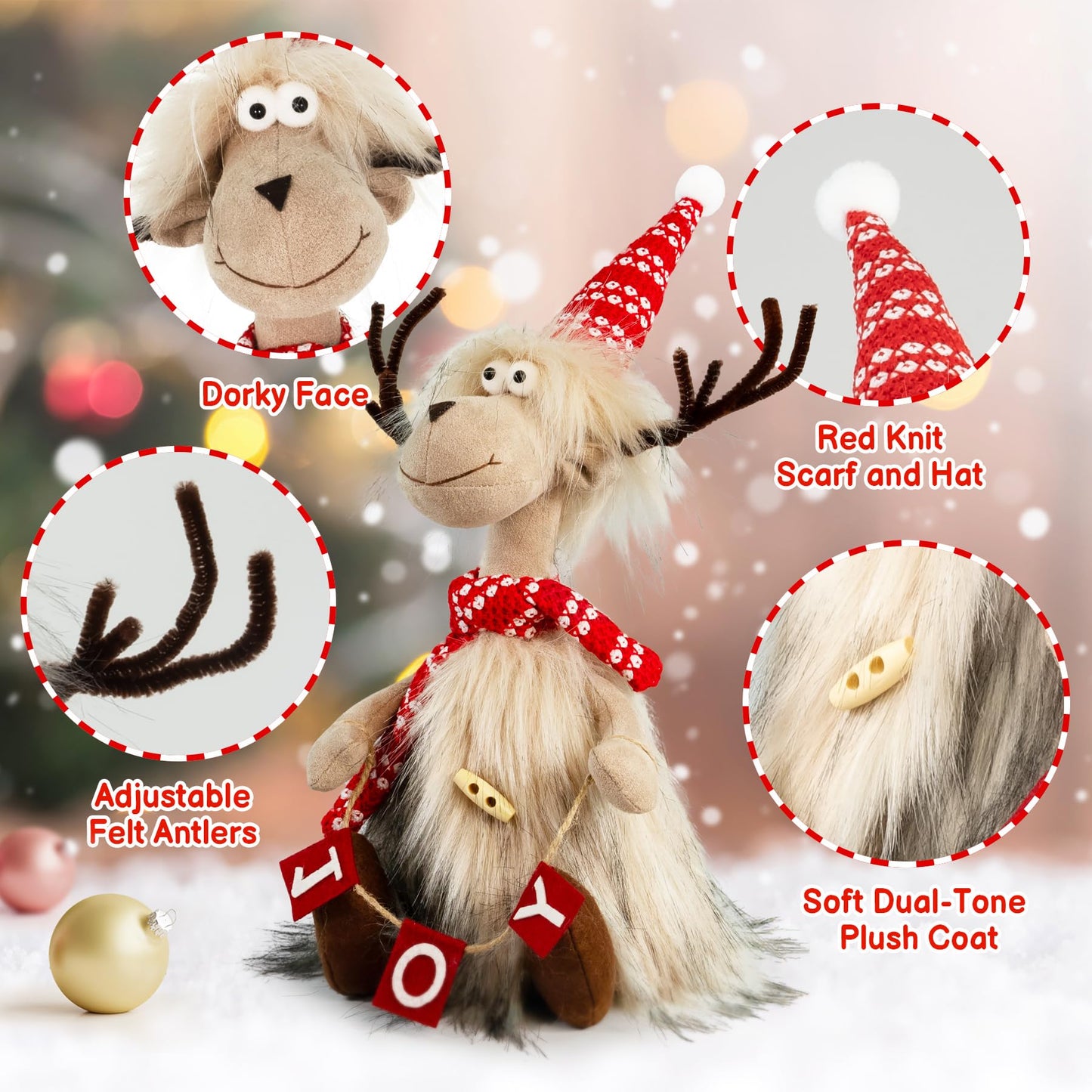 TACROART Reindeer Christmas Decoration – Plush Sitting Reindeer Figurine with Faux Fur Coat & Joy Banner, Rustic Tabletop Christmas Decor for Mantel, Shelf, or Gift Display